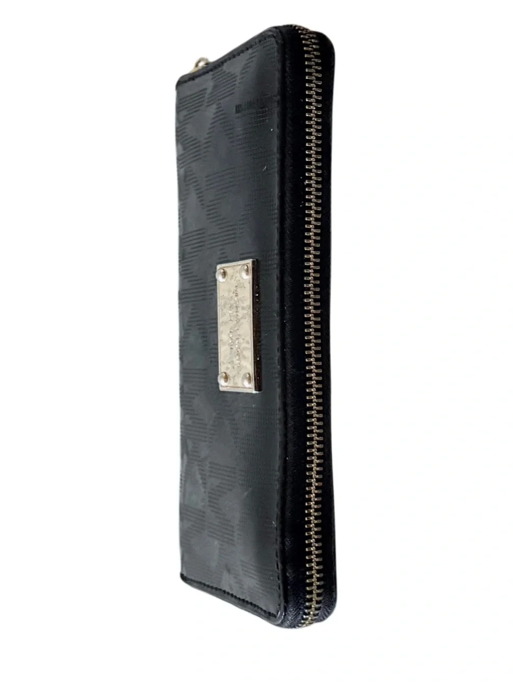 Michael Kors Black Patent Embossed Logo Zip Around Accordion Wallet Gold Tone